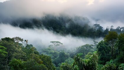 mysterious fog rolling into a tropical rainforest