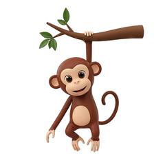 A cheerful cartoon monkey hangs from a branch against a stark black background.