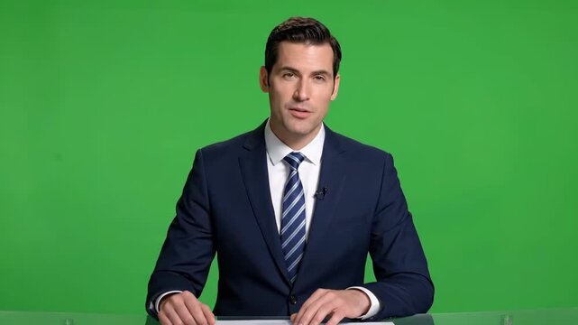 Confident Male News Anchor on Green Screen Background
