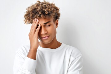 Young man touching his forehead with closed eyes, expressing stress or discomfort against a plain white background, concept of emotional tension and mental fatigue