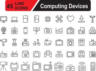 Computing Devices Vector Icon Set, Technology, Laptop, Smartphone, Tablet, Monitor, Smartwatch, Digital Gadgets Icons
