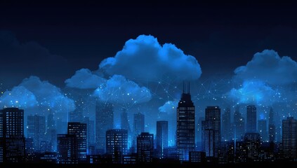 City skyline at night with glowing digital clouds
