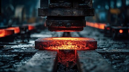 Automated hydraulic forging press stamping glowing hot metal workpieces in a heavy industry factory, showcasing the power and precision of modern metalworking technology in action