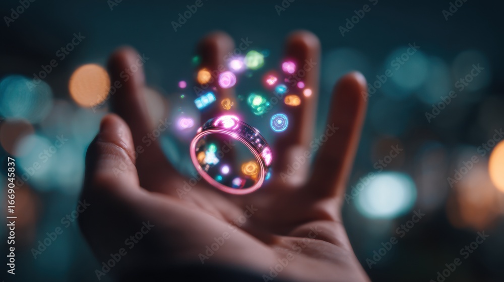 Poster close medium shot capturing a futuristic promise ring emitting colorful ar milestone icons floating 