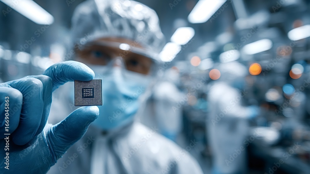 Poster electronics engineer wearing protective gear holds a microchip in a sterile high tech environment, s