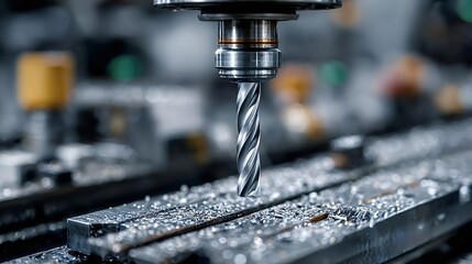 Industrial metalworking milling machine operating and drilling metal detail with precision in a factory setting, showcasing advanced manufacturing technology