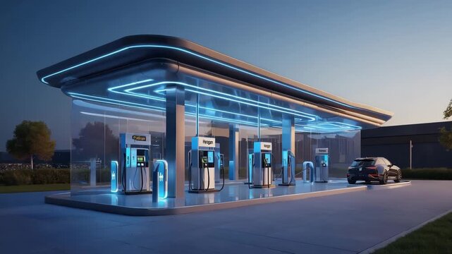 A futuristic electric vehicle charging station glows with blue neon lights at twilight, powering the future of sustainable transportation