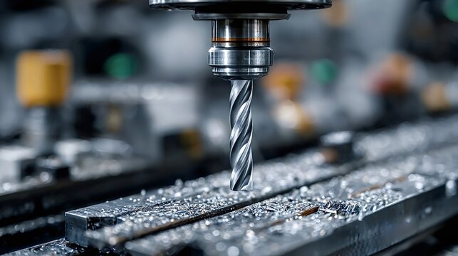 Industrial metalworking milling machine operating and drilling metal detail with precision in a factory setting, showcasing advanced manufacturing technology