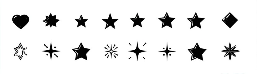 Fototapeta premium A collection of black star, heart, and diamond shapes; some with sparkles or a burst effect, arranged in two rows
