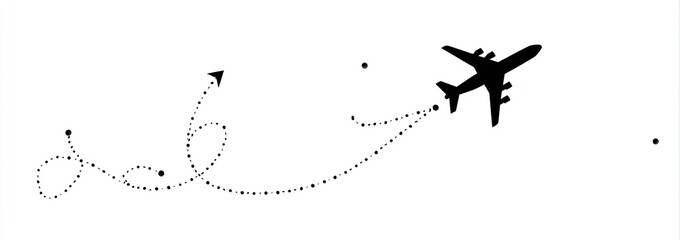 A minimalist illustration depicts a jet plane's flight path, represented by a dotted line forming a curved trajectory, suggesting travel or journey