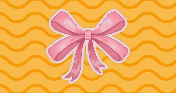 On ribbon appearing, darker orange waves expanding behind pink ribbon bow forming flat pattern