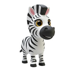 A cheerful, cartoon zebra with striking black and white stripes, large expressive eyes, and a playful smile stands out against a black background.