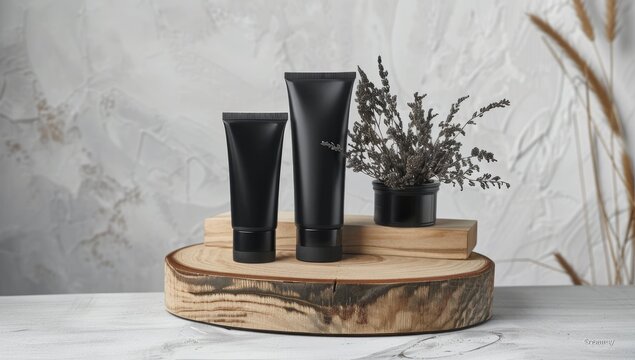Two matte black tubes, varying in size, rest on a wooden platform with dried lavender. The scene is minimalist, showcasing the products against a textured grey backdrop