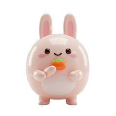 Obraz premium A cheerful, cartoonish pink rabbit holds a small orange carrot, presented in a playful, 3D style.
