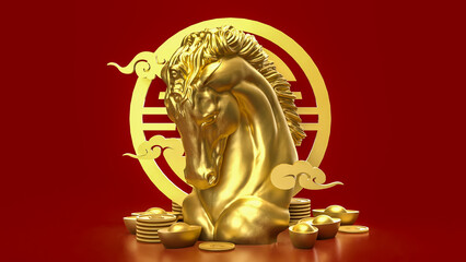 The Gold Year of horse for Chinese New year or holiday concept 3d Rendering.