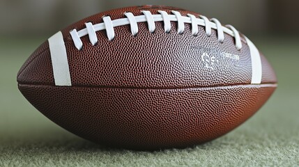 A detailed shot of a brown football, ready for a game or practice session.