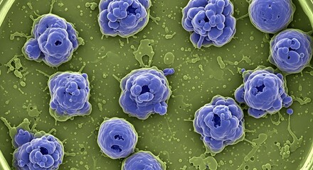 A detailed false-color scanning electron micrograph displaying a cluster of activated human blood platelets, or thrombocytes, aggregating together