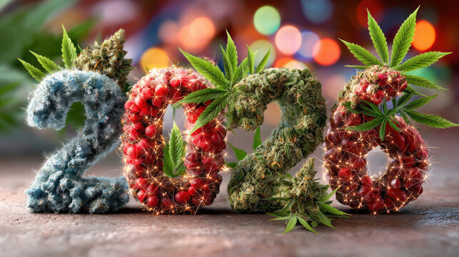 2026 and surreal colorful cannabis plants. New Year - Powered by Adobe