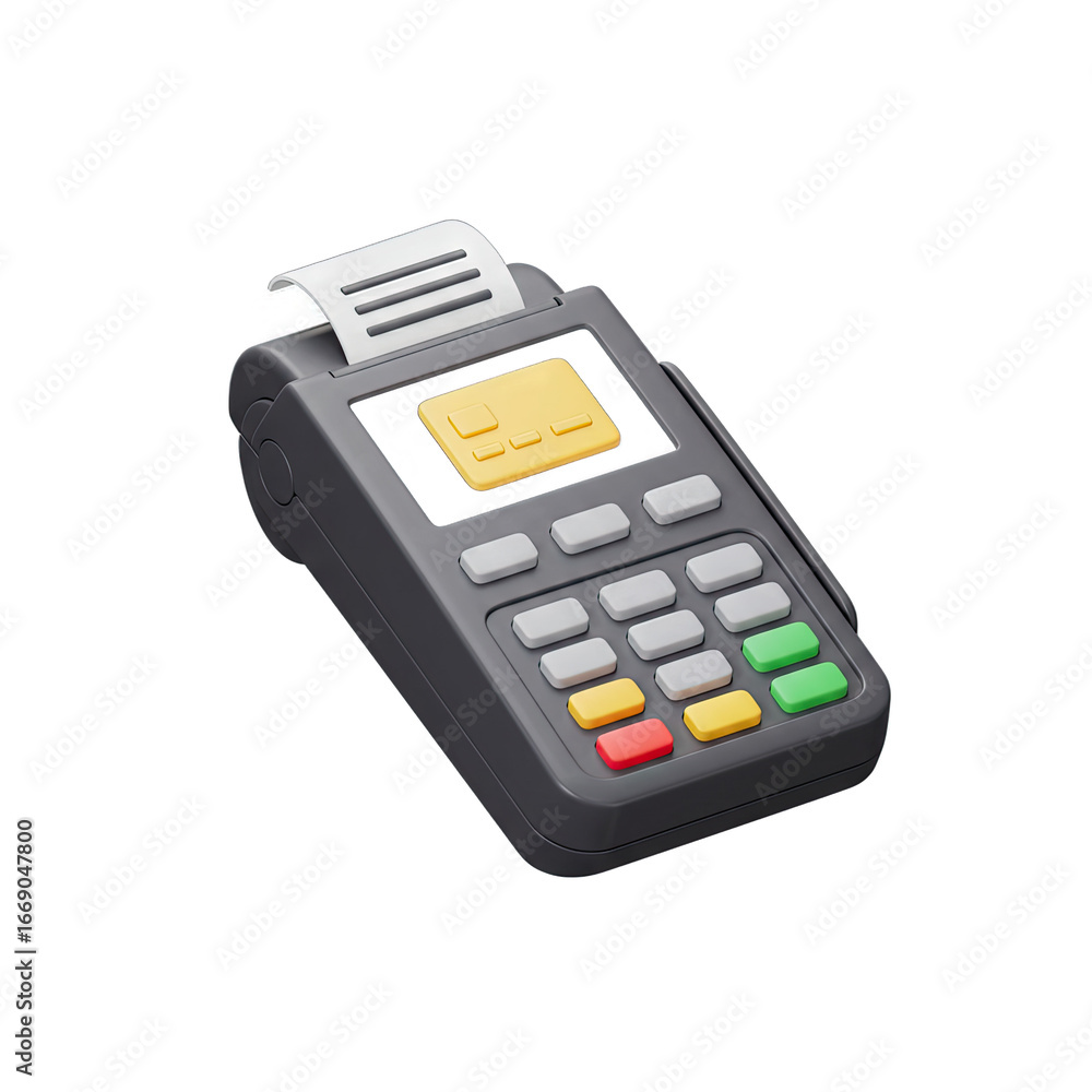 Poster a modern, gray payment terminal is presented against a black background, showcasing its keypad and d