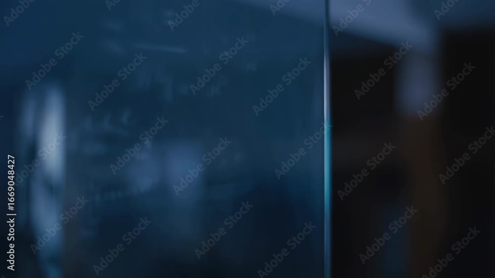 Poster futuristic glass display showing complex equations in empty office