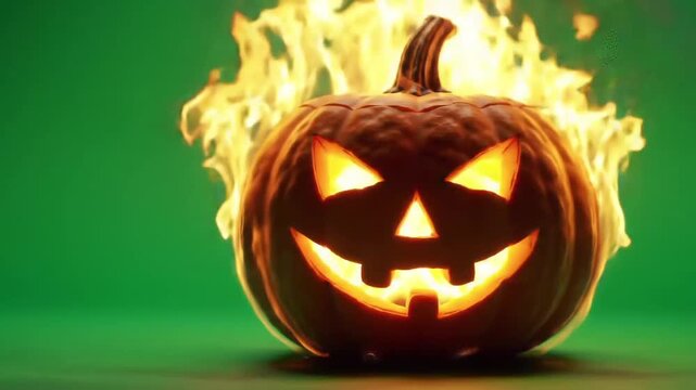 Fiery Halloween Pumpkin A Burning Jack-o'-lantern Against a Green Screen