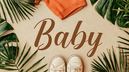 Baby clothes, shoes and tropical leaves on sand announcing a new arrival