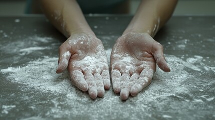 Hands dusted with flour, ready to bake or cook on a floury surface, preparing food.