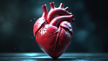 A detailed anatomical illustration of a human heart, showcasing its intricate structure and realistic texture against a dramatic backdrop.