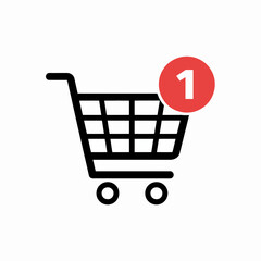 Vector art of shopping cart icon with notification, representing online shopping and ecommerce activity