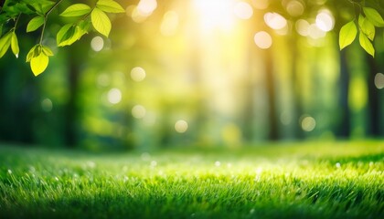 Obraz premium beautiful blurred background of spring nature on a sunny day with bokeh a green grass meadow and sunlight in the forest a banner for copy space