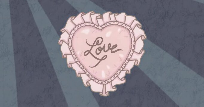 On play, pink heart-shaped object floating over teal stripes spinning revealing Love script