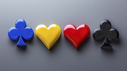 Glossy playing card suit symbols on a sleek gray background.