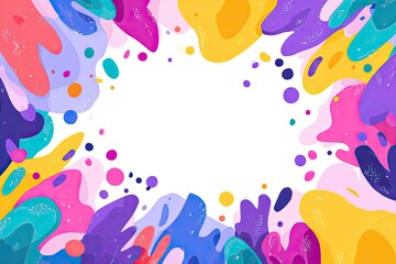 Vibrant abstract frame of colorful, textured, organic shapes surrounding a white central space, suggesting energy and playfulness