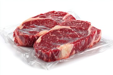 Obraz premium Fresh raw ribeye steaks on clear plastic wrap for cooking and grilling