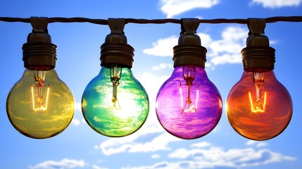 Colorful Light Bulbs Hanging Outdoors Bright Sky