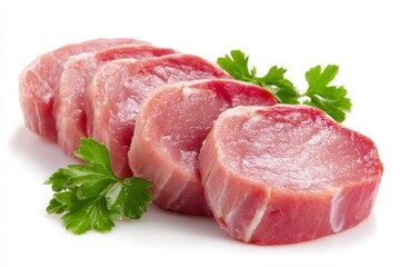 Fototapeta premium Fresh raw pork tenderloin slices with parsley on white background