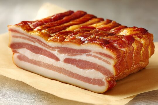 Thick sliced bacon on brown paper with crispy layers and rich marbling