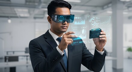 Businessman using augmented reality glasses, futuristic tech concept with hologram display