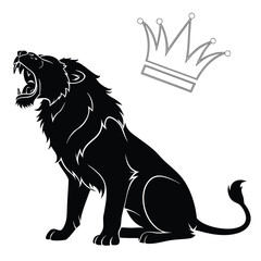 Lion roaring at neon crown silhouette