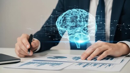 Businessman analyzing financial data with a holographic AI brain interface, illustrating concepts of business intelligence, strategic planning, and technological innovation in corporate finance - Powered by Adobe