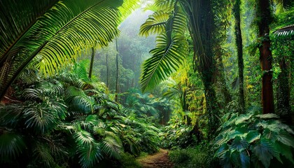 Naklejka premium lush vegetation fills the vibrant tropical rainforest