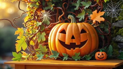 Obraz premium A vibrant orange jack-o'-lantern sits amongst autumn leaves, vines, and spiderwebs on a wooden surface, creating a festive Halloween scene.