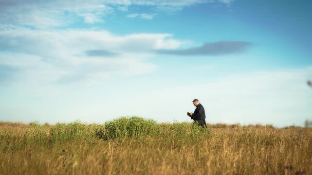 Parson In Black Going Around Nature 
