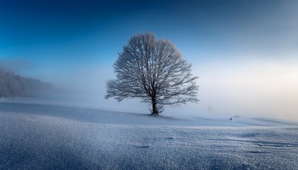 lone tree in foggy winter landscape
