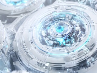 Futuristic gears and cogs in a light gray and blue digital concept background