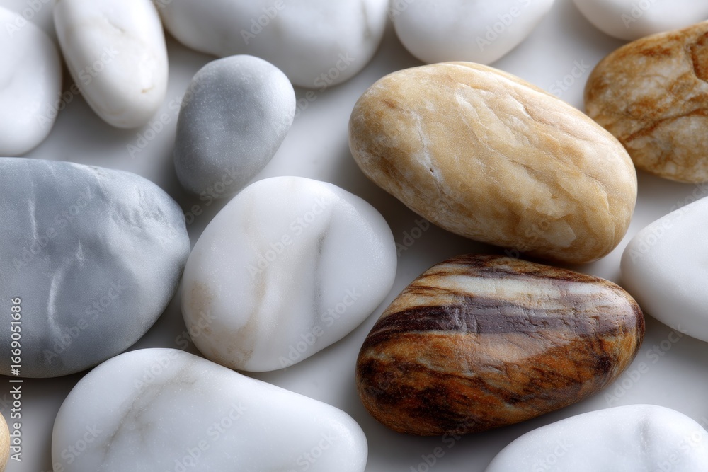 Poster smooth multicolored pebbles clustered on a white surface