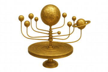 Golden mechanical planetarium model spinning, representing celestial bodies, transparent backdrop highlighting astronomical design elements