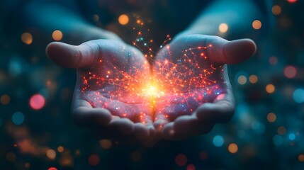 Hands holding a smartphone with a glowing network