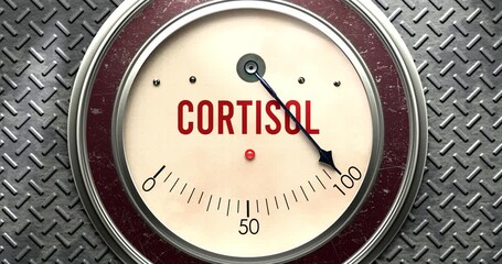 Cortisol meter that is hitting a full scale, showing rising levels of cortisol, overload of it, too much of it. Maximum value, off the charts.
