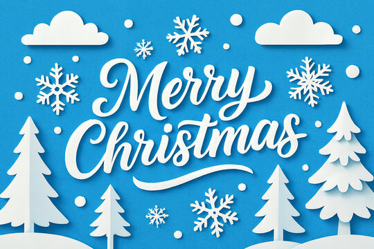 Paper-cut style Merry Christmas text with snowflakes, trees and clouds on blue background, winter holiday theme. Modern design, contemporary art collage. Trendy urban magazine style - Powered by Adobe